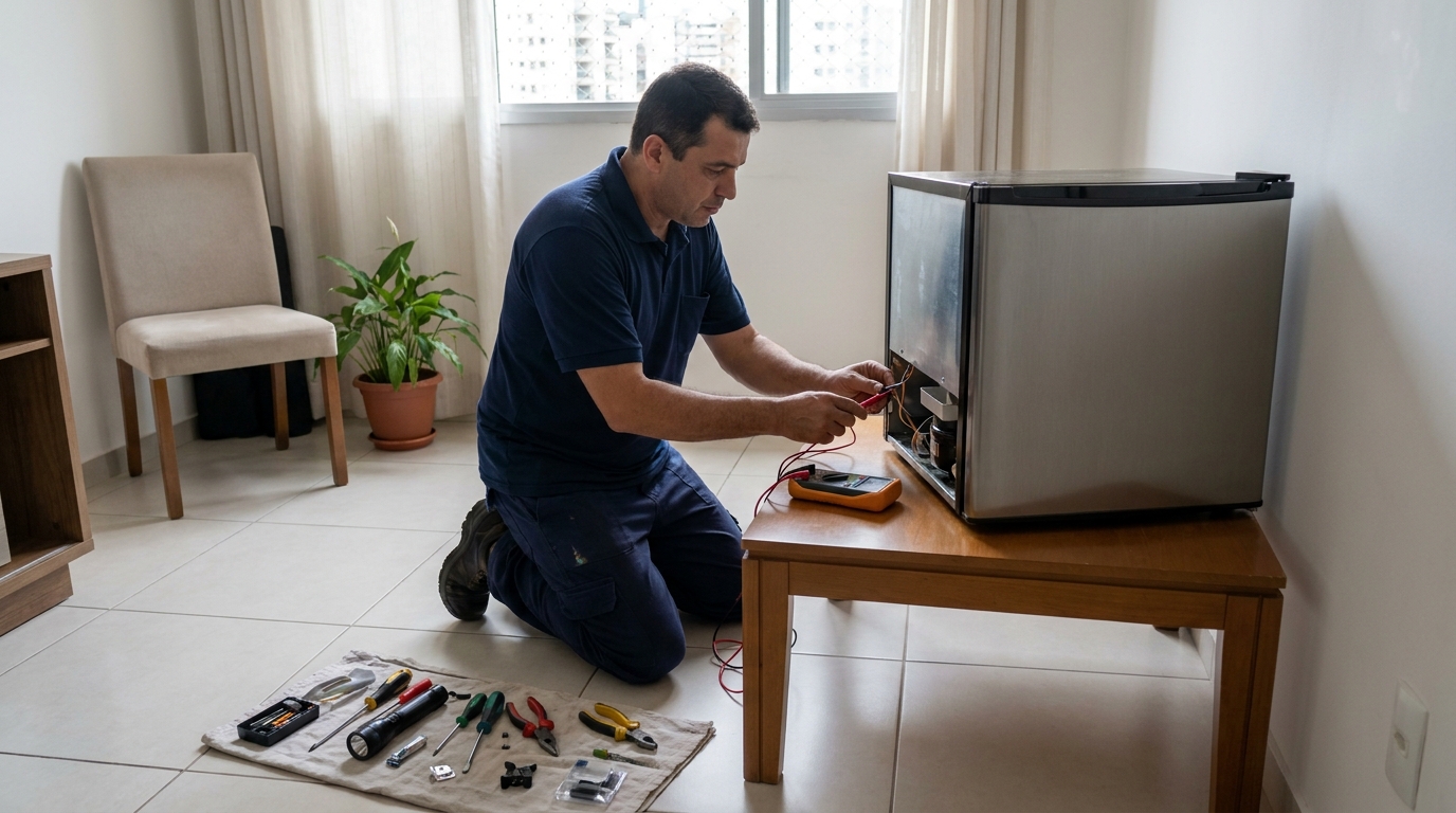 Técnico realizando manutenção de motor de frigobar em Santa Maria‑RS