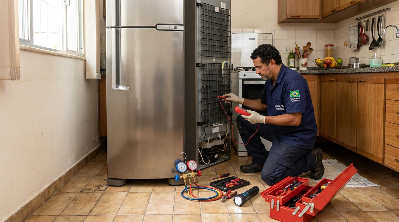 Técnico realizando manutenção de motor de geladeira em Santa Maria‑RS